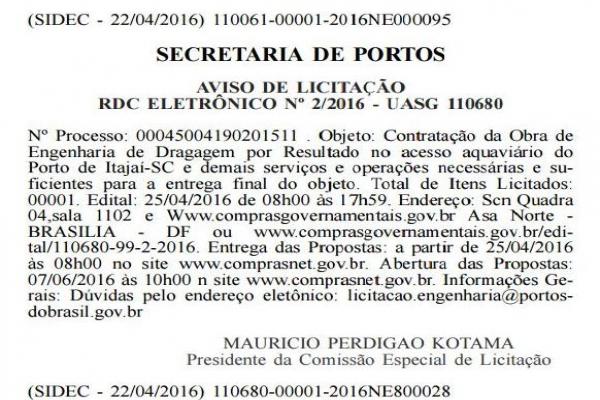 SEP licita dragagem emergencial para Itajaí SEP licita dragagem emergencial para Itajaí